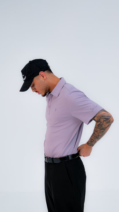 Le Classique Polo in lilac, worn on model, side view