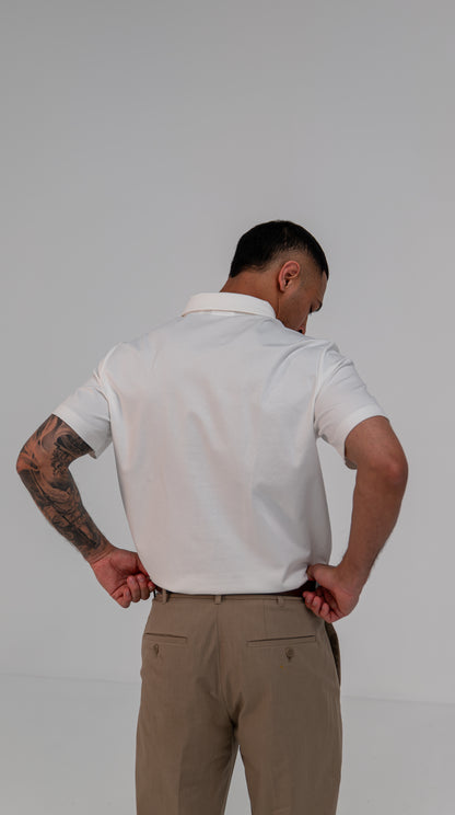 Le Classique Polo in white, worn on model, back view